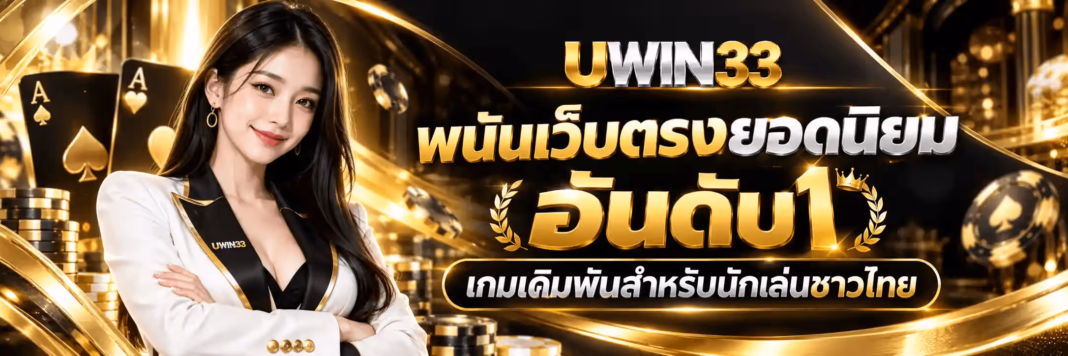 แบนเนอร์ UWIN33 พื้นหลังดำสนิทตัดกับริบบิ้นโค้งสีทองเงาวาวพาดทั่วภาพ ด้านซ้ายเป็นไพ่เอซโพดำสองใบวางพิงกองชิปคาสิโนสีดำขอบทอง ตรงกลางเป็นหญิงสาวผมยาวสีเข้มสวมสูทสีขาวปกสีดำขลิบทอง ยืนกอดอกยิ้มเข้ากล้อง บนอกเสื้อมีตัวอักษร UWIN33 ตัวเล็ก ด้านขวาเป็นโลโก้ UWIN33 ตัวหนาสามมิติ โดยตัว U และเลข 33 เป็นสีทองขัดเงาส่วนคำว่า WIN เป็นสีเงินโครเมียม ใต้ลงมาเป็นข้อความภาษาไทยตัวหนาว่า พนันเว็บตรง สีทอง ตามด้วย ยอดนิยม สีเงิน แล้วเป็นคำว่า อันดับ1 ตัวใหญ่สีทองประดับมงกุฎทองด้านบนและช่อใบลอเรลทองขนาบสองข้าง ปิดท้ายด้วยแผ่นป้ายขอบทองเขียนว่า เกมเดิมพันสำหรับนักเล่นชาวไทย ริมขวามีกองชิปคาสิโนสีทองและสีดำเรืองแสงวางซ้อนกันอยู่